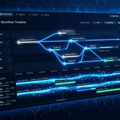 Honeycomb Agent Observability dashboard showing multi-agent workflow timeline with blue data streams and LLM call traces