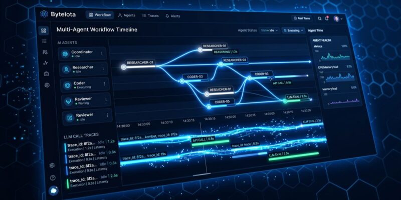 Honeycomb Agent Observability dashboard showing multi-agent workflow timeline with blue data streams and LLM call traces