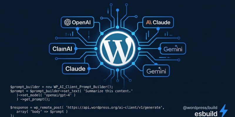 WordPress 7.0 AI Client API connecting plugin developers to OpenAI, Claude, and Gemini providers with esbuild build tool