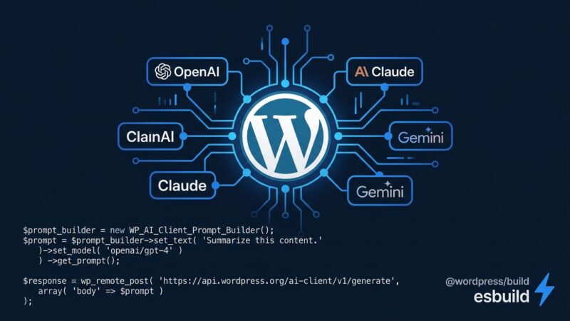 WordPress 7.0 AI Client API connecting plugin developers to OpenAI, Claude, and Gemini providers with esbuild build tool