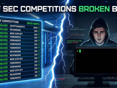 Split-screen showing CTF scoreboard with AI-solved challenges on left and lone hacker at terminal on right, with a crack symbolizing the broken competition format