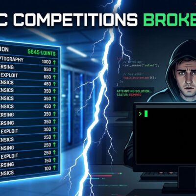 Split-screen showing CTF scoreboard with AI-solved challenges on left and lone hacker at terminal on right, with a crack symbolizing the broken competition format