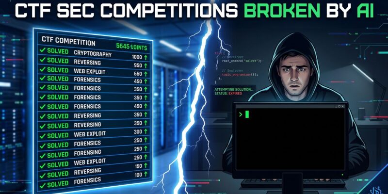 Split-screen showing CTF scoreboard with AI-solved challenges on left and lone hacker at terminal on right, with a crack symbolizing the broken competition format