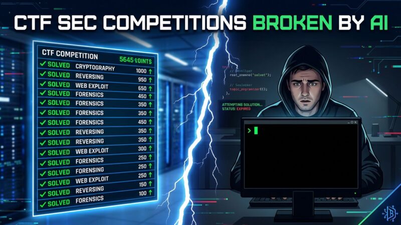 Split-screen showing CTF scoreboard with AI-solved challenges on left and lone hacker at terminal on right, with a crack symbolizing the broken competition format