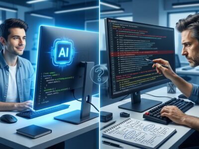 Split-screen illustration showing vibe coding junior developer versus traditional debugging approach, representing the skills gap debate