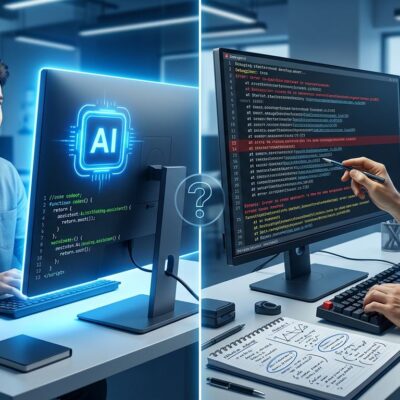 Split-screen illustration showing vibe coding junior developer versus traditional debugging approach, representing the skills gap debate