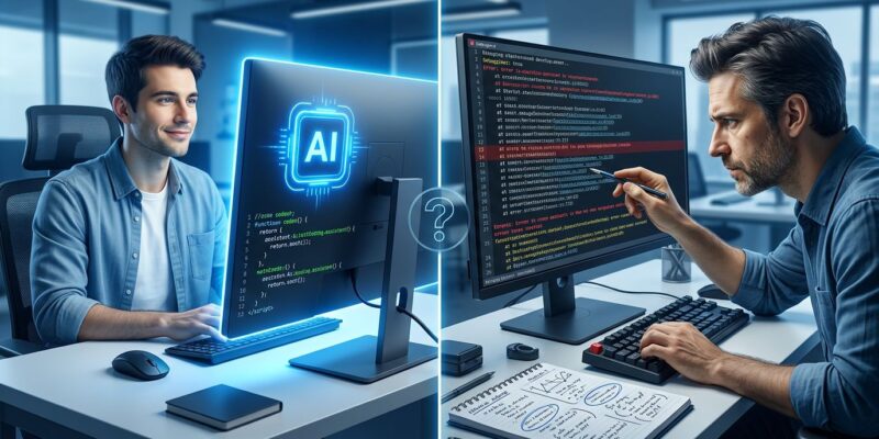 Split-screen illustration showing vibe coding junior developer versus traditional debugging approach, representing the skills gap debate