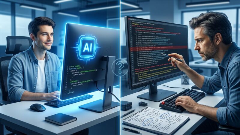 Split-screen illustration showing vibe coding junior developer versus traditional debugging approach, representing the skills gap debate