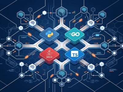 Interconnected AI agents network diagram showing Google ADK 1.0 multi-language framework with Python, Go, Java and TypeScript nodes