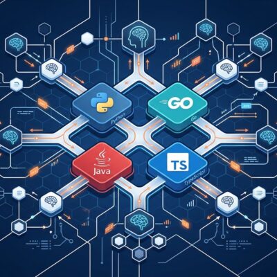 Interconnected AI agents network diagram showing Google ADK 1.0 multi-language framework with Python, Go, Java and TypeScript nodes