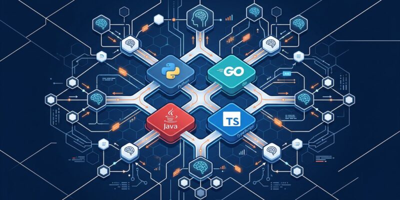 Interconnected AI agents network diagram showing Google ADK 1.0 multi-language framework with Python, Go, Java and TypeScript nodes