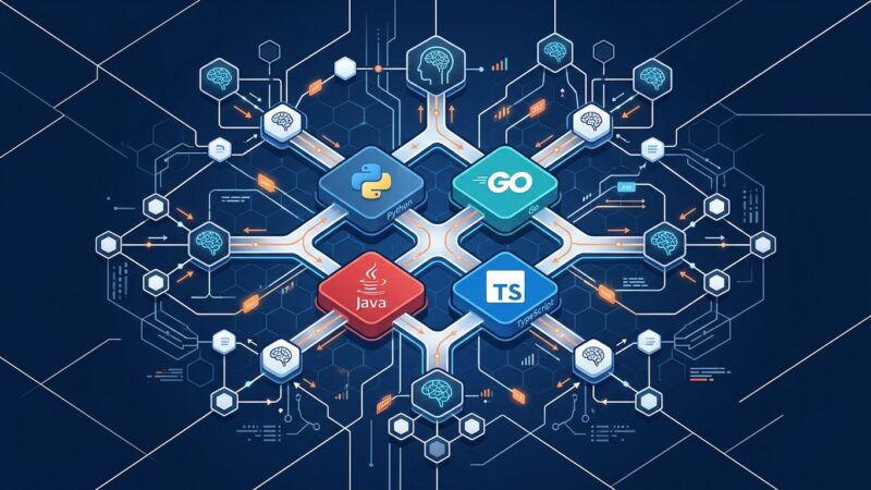 Interconnected AI agents network diagram showing Google ADK 1.0 multi-language framework with Python, Go, Java and TypeScript nodes