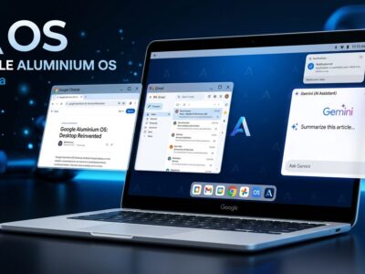 Google Aluminium OS laptop desktop interface with Android 17 and Gemini AI integration