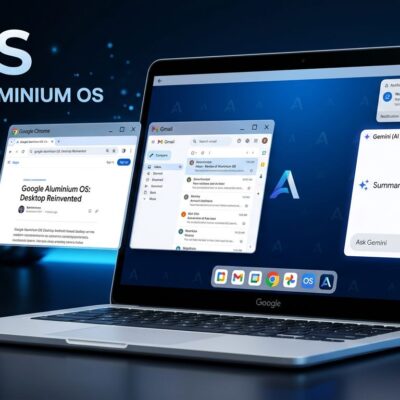 Google Aluminium OS laptop desktop interface with Android 17 and Gemini AI integration