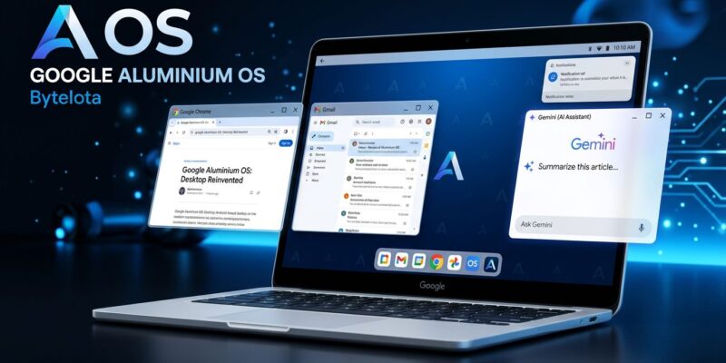 Google Aluminium OS laptop desktop interface with Android 17 and Gemini AI integration