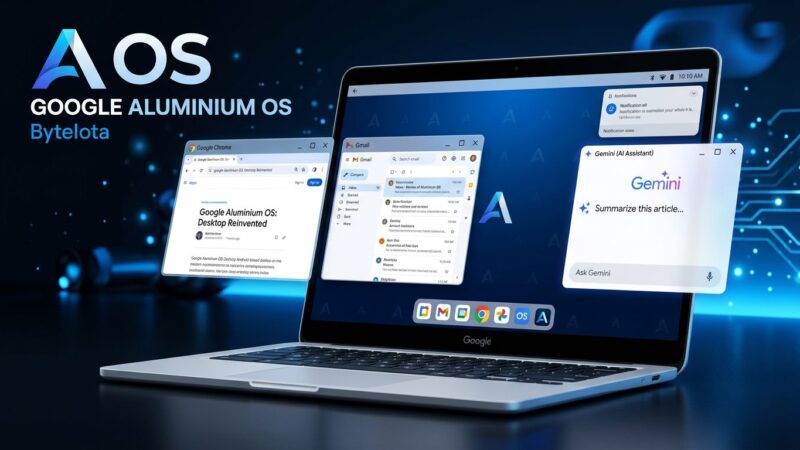 Google Aluminium OS laptop desktop interface with Android 17 and Gemini AI integration