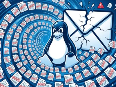 Illustration of AI-generated bug reports flooding the Linux kernel security mailing list, overwhelming maintainers with duplicate reports