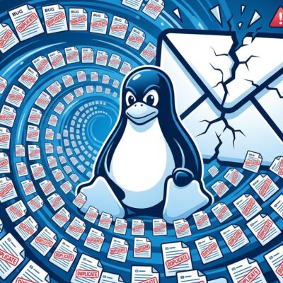 Illustration of AI-generated bug reports flooding the Linux kernel security mailing list, overwhelming maintainers with duplicate reports