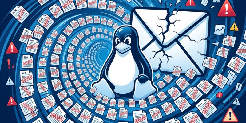 Illustration of AI-generated bug reports flooding the Linux kernel security mailing list, overwhelming maintainers with duplicate reports