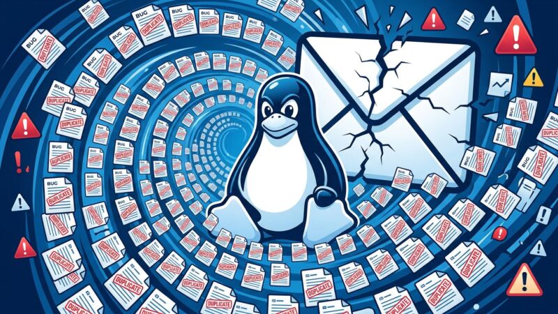 Illustration of AI-generated bug reports flooding the Linux kernel security mailing list, overwhelming maintainers with duplicate reports
