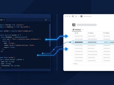 Notion Developer Platform showing TypeScript Workers code editor alongside a Notion workspace database updating in real time