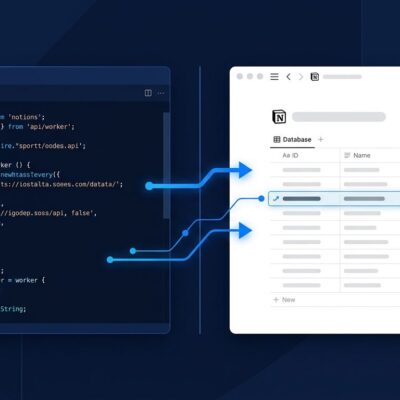Notion Developer Platform showing TypeScript Workers code editor alongside a Notion workspace database updating in real time
