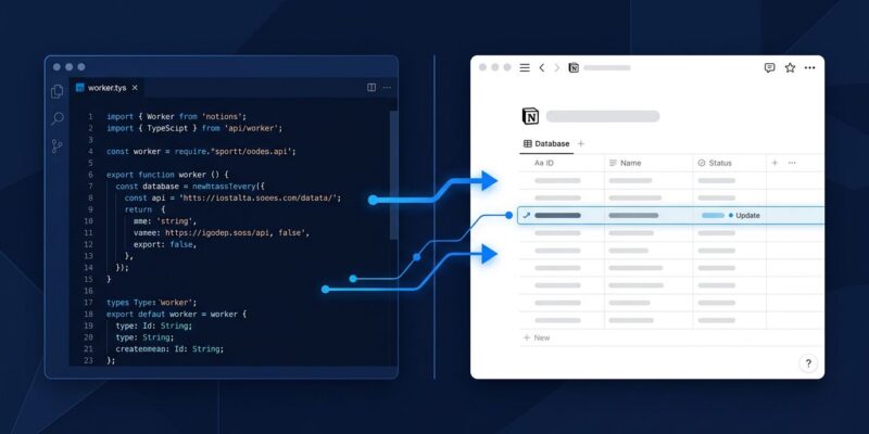 Notion Developer Platform showing TypeScript Workers code editor alongside a Notion workspace database updating in real time