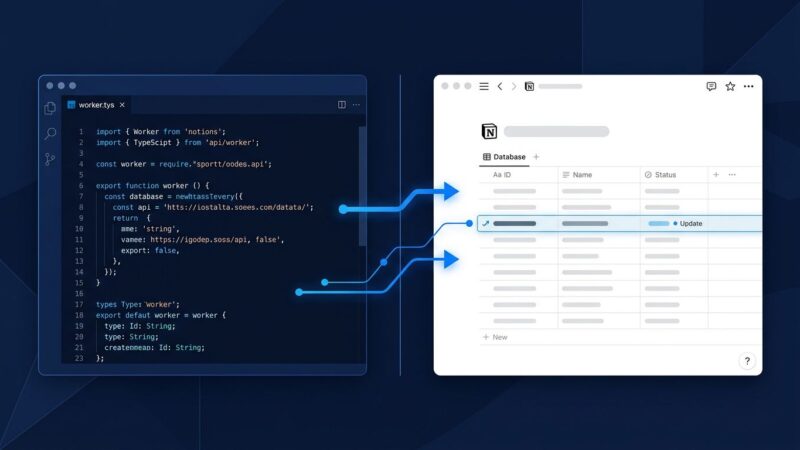 Notion Developer Platform showing TypeScript Workers code editor alongside a Notion workspace database updating in real time