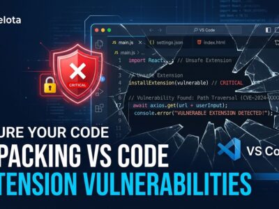 VS Code editor window with broken security shield icon representing the RCE vulnerabilities in popular extensions
