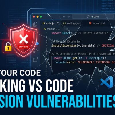 VS Code editor window with broken security shield icon representing the RCE vulnerabilities in popular extensions
