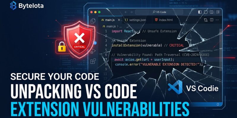 VS Code editor window with broken security shield icon representing the RCE vulnerabilities in popular extensions