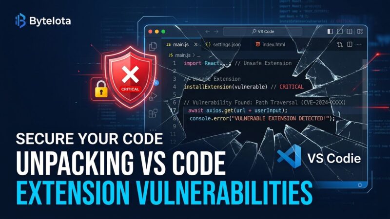 VS Code editor window with broken security shield icon representing the RCE vulnerabilities in popular extensions