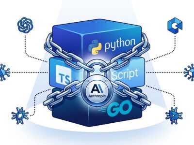 SDK library blocks in blue connected by ownership chain links representing Anthropic acquiring Stainless developer tools startup