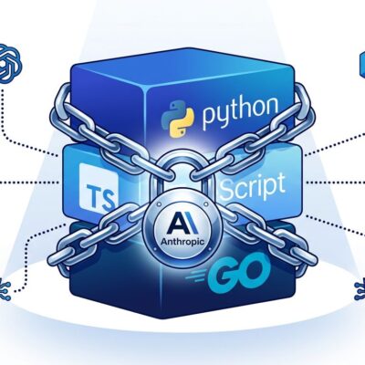 SDK library blocks in blue connected by ownership chain links representing Anthropic acquiring Stainless developer tools startup