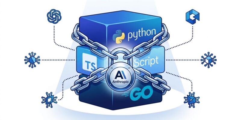 SDK library blocks in blue connected by ownership chain links representing Anthropic acquiring Stainless developer tools startup