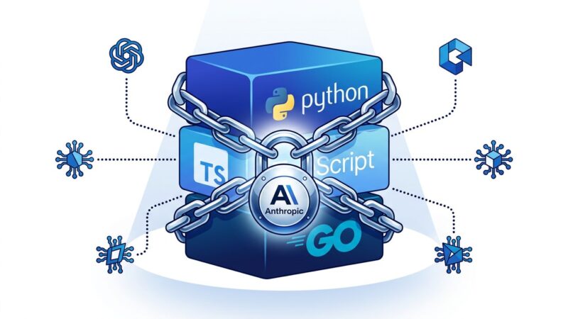 SDK library blocks in blue connected by ownership chain links representing Anthropic acquiring Stainless developer tools startup