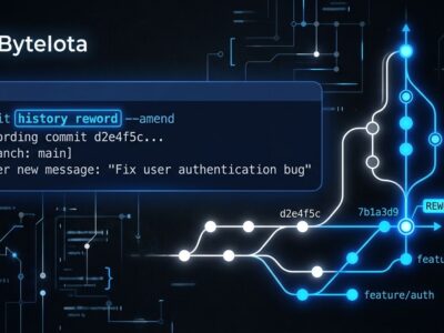Terminal showing git history reword command with git branch graph in blue and white ByteIota brand colors