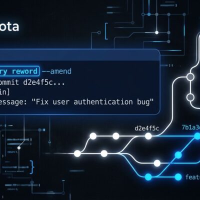 Terminal showing git history reword command with git branch graph in blue and white ByteIota brand colors