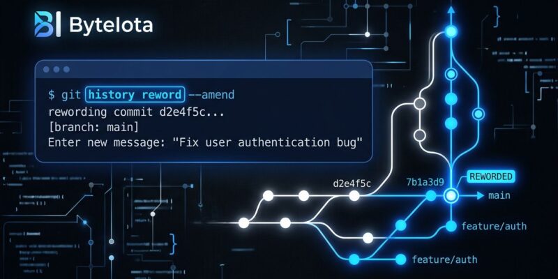 Terminal showing git history reword command with git branch graph in blue and white ByteIota brand colors