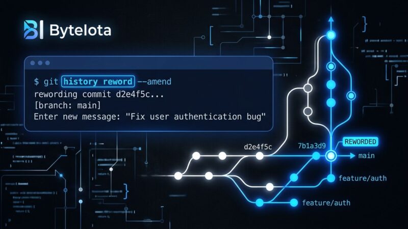 Terminal showing git history reword command with git branch graph in blue and white ByteIota brand colors