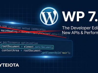 WordPress 7.0 release illustration showing the iframed block editor breaking change with code snippets
