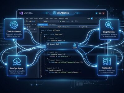 Visual Studio 2026 IDE with AI agent skills cards showing cross-IDE compatibility and SKILL.md reusable instruction sets