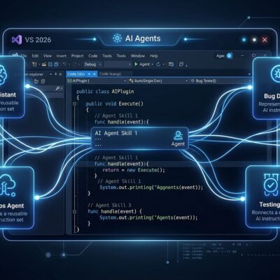 Visual Studio 2026 IDE with AI agent skills cards showing cross-IDE compatibility and SKILL.md reusable instruction sets