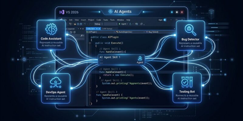 Visual Studio 2026 IDE with AI agent skills cards showing cross-IDE compatibility and SKILL.md reusable instruction sets