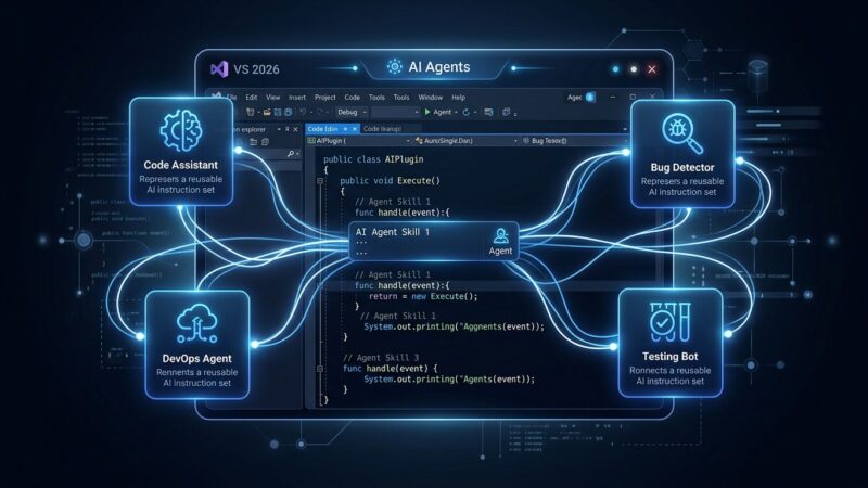 Visual Studio 2026 IDE with AI agent skills cards showing cross-IDE compatibility and SKILL.md reusable instruction sets