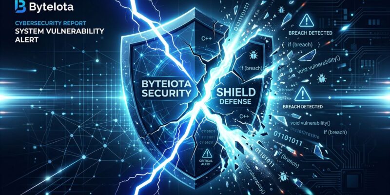 Cracked security shield with code fragments spilling out, representing Anthropic Mythos AI discovering zero-day vulnerabilities via Project Glasswing