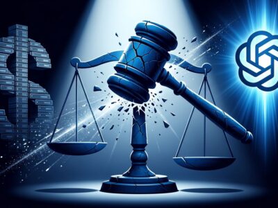 Scales of justice with cracked gavel symbolizing the dismissal of Musk's OpenAI lawsuit, blue and white tech blog aesthetic