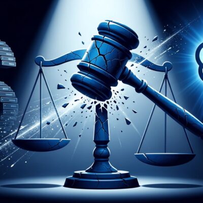 Scales of justice with cracked gavel symbolizing the dismissal of Musk's OpenAI lawsuit, blue and white tech blog aesthetic