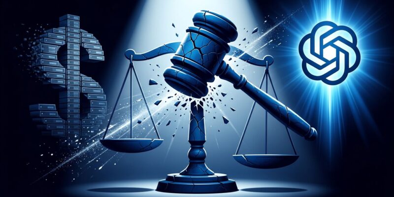 Scales of justice with cracked gavel symbolizing the dismissal of Musk's OpenAI lawsuit, blue and white tech blog aesthetic