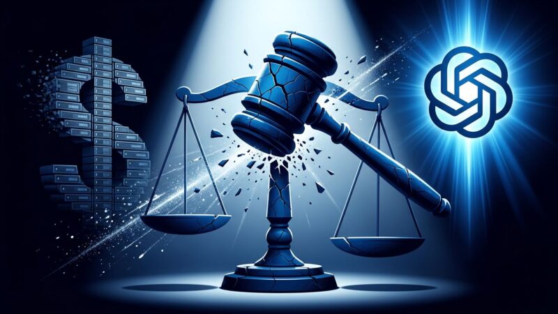 Scales of justice with cracked gavel symbolizing the dismissal of Musk's OpenAI lawsuit, blue and white tech blog aesthetic